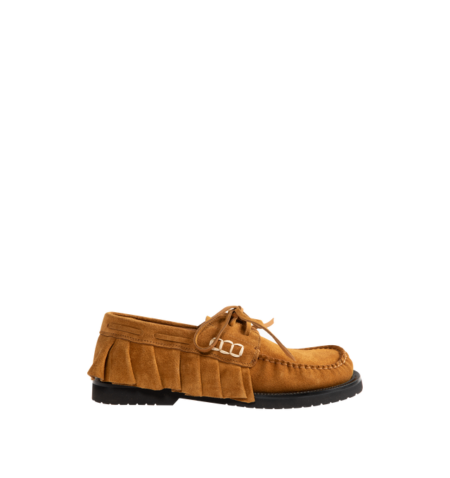 Image 1 of 4 - BROWN - JW Anderson Women's Ruffle Suede Boat Shoes. Crafted in Italy, this shoe features layered goat suede leather ruffles, finished with a blind-embossed JWA logo and refined with improved fitting for comfort. 100% Split Cow Suede.