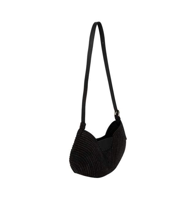Image 2 of 3 - BLACK - Loewe Womens Swing Bag is crafted from raffia with calfskin trim. Features a fortune cookie silhouette, adjustable shoulder and crossbody strap, magnetic closure, handcrafted Canutillo detailing, signature buckle, unlined interior, and embossed LOEWE logo. Dimensions: 35 22 11 cm; Strap Length: 1797 cm; Strap Drop: 653 cm. Main Material: Raffia, Calfskin. Made in Spain.