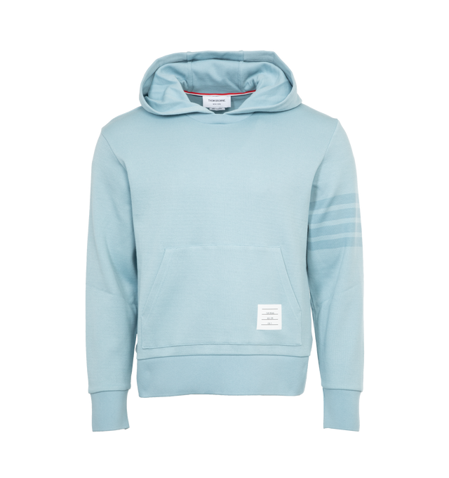 Image 1 of 3 - BLUE - THOM BROWNE Double Face Knit 4-Bar Hoodie featuring hood, name tag applique, 4-Bar detailing and kangaroo front pocket. 100% cotton. 