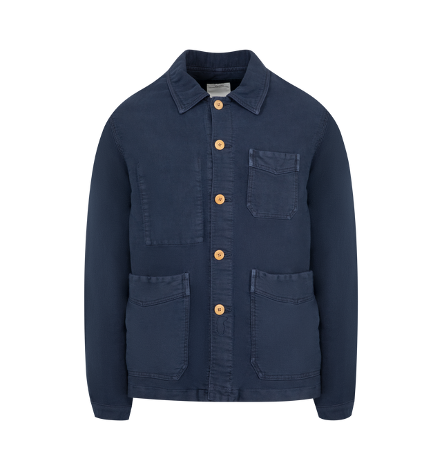 Image 1 of 2 - BLUE - VISVIM Custom Moleskin Wool Linen Cotton Blend Jacket. Garment Dyed featuring damaged finish and custom water buffalo buttons. 44% Wool 30% Linen 26% Cotton.