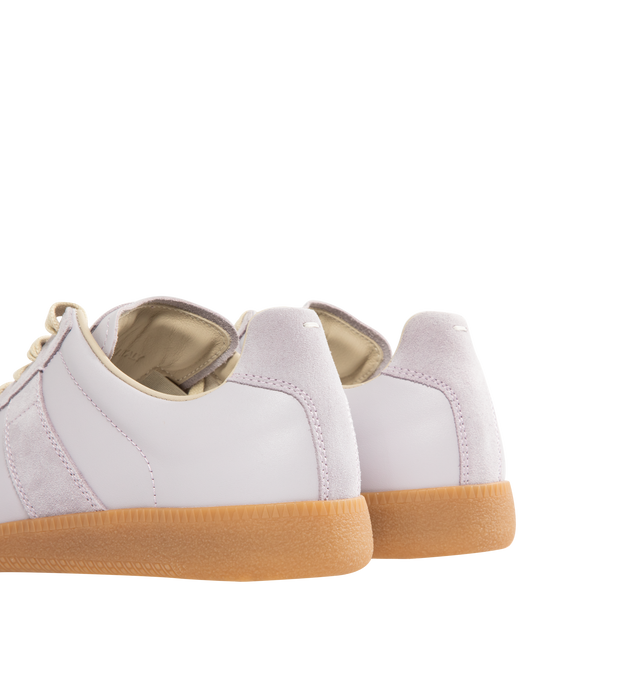 Image 3 of 5 - WHITE - MAISON MARGIELA Replica Sneakers featuring lace-up sneakers in buffed nappa calfskin and calfskin suede, contrasting sole, Maison Margiela logo label on the tab, internal Replica label, internal elastic and all-over Maison Margiela logo insole. 100% calf leather. Sole: 100% rubber. Made in Italy.
