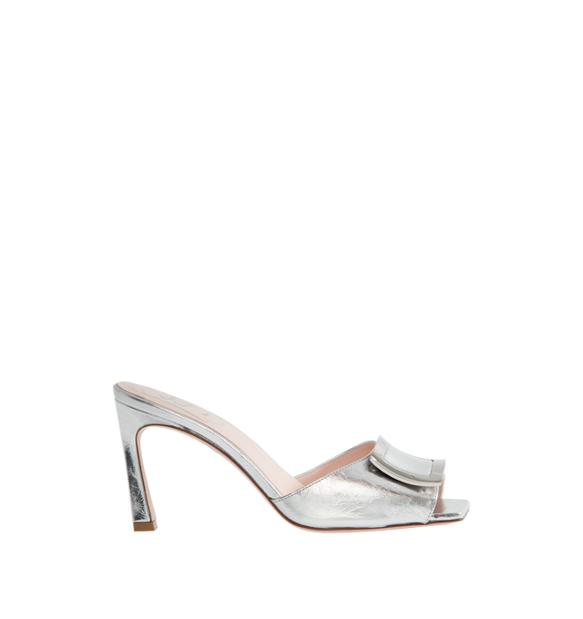 Image 1 of 4 - SILVER - ROGER VIVIER Trompette Metal Buckle Mules featuring crinkled effect metallic finishing, squared toe and branded metal buckle. Trompette heel 3.3in. Leather upper. Leather insole and outsole. Made in Italy. 