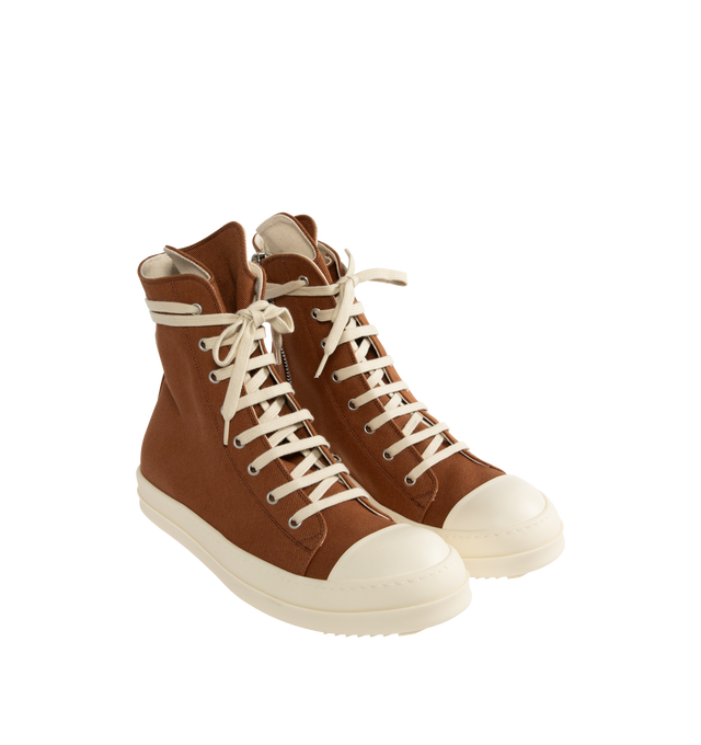 Image 2 of 5 - ORANGE - Rick Owens DRKSHDW Denim Sneaks Sneakers featuring High-top overdyed 13oz GOTS-certified organic cotton, faux-leather cap toe, lace-up closure, extended tongue, zip closure at inner side, eyelet vents at collar, grommets at heel, logo printed at faux-leather insole and treaded rubber sole. Upper: organic cotton. Sole: rubber. Made in Italy.