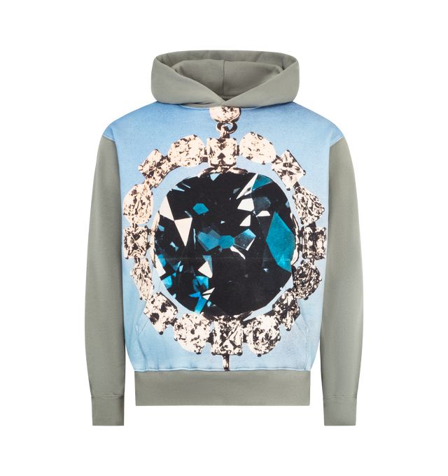 Image 1 of 2 - GREY - PLEASURES x Richard Bernstein Mythic Hope Pullover Hoodie featuring a cotton-blend hoodie, relaxed fit, fixed hood, ribbed cuffs and hem, kangaroo pocket and graphic on front. 72% cotton, 28% polyester.