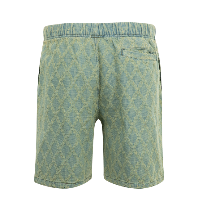 Image 2 of 3 - BLUE - PLEASURES Diamond Jacquard Shorts featuring elastic waist, side-seam pockets, back welt pocket and logo on leg. 70% cotton, 14% rayon, 16% polyester.