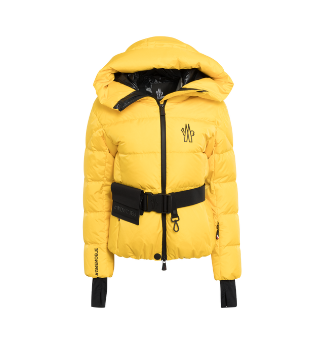 Image 1 of 3 - YELLOW - MONCLER GRENOBLE BOUQUETIN JACKET featuring micro ripstop lining, down-filled, adjustable hood, water-repellent look two-way zipper closure, water-repellent look zipped outer pockets, water-repellent look zipped inner media pocket, zipped ski pass pocket, detachable and adjustable belt with pouch and a glove carabiner, powder skirt, elastic waistband, jersey wrist gaiters, tricolor silicone detailing, bonded logo outline and logo details. 87% polyamide/nylon, 13% elastane/spandex. Pa 