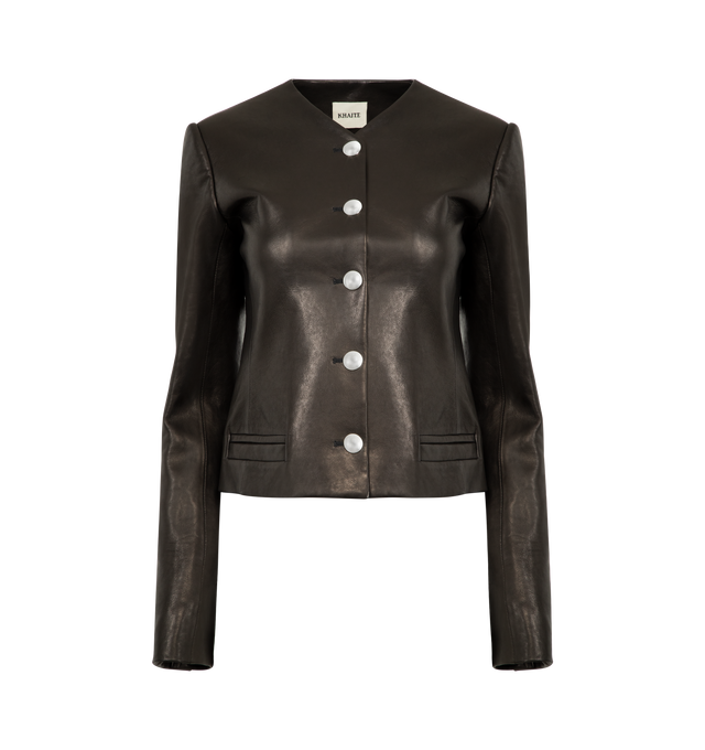 Image 1 of 4 - BLACK - KHAITE Nara Jacket featuring a collarless, high-necked jacket shaped by soft peplum contouring, reinforced shoulder pads, single-breasted silhouette, cropped fit, faux pockets and cupro twill lining. 100% lamb.