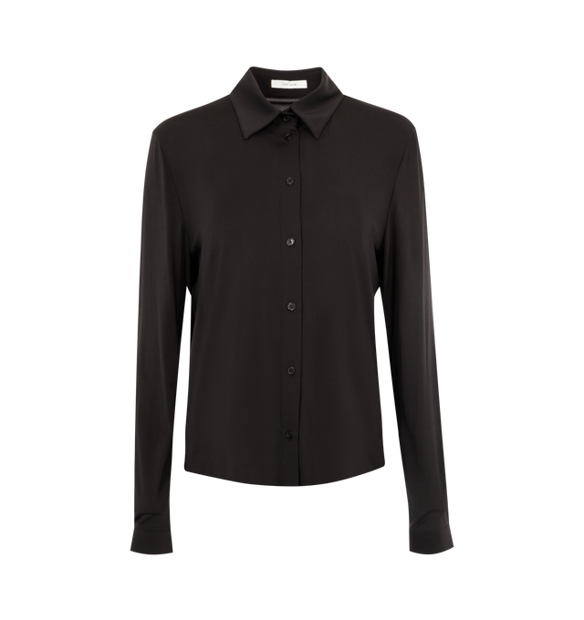 Image 1 of 2 - BROWN - THE ROW Verri Shirt featuring long-sleeved button-up shirt in ultra-soft jersey with slim fit and exposed placket with mother-of-pearl buttons. 88% polyamide, 12% elastane. Made in Italy.