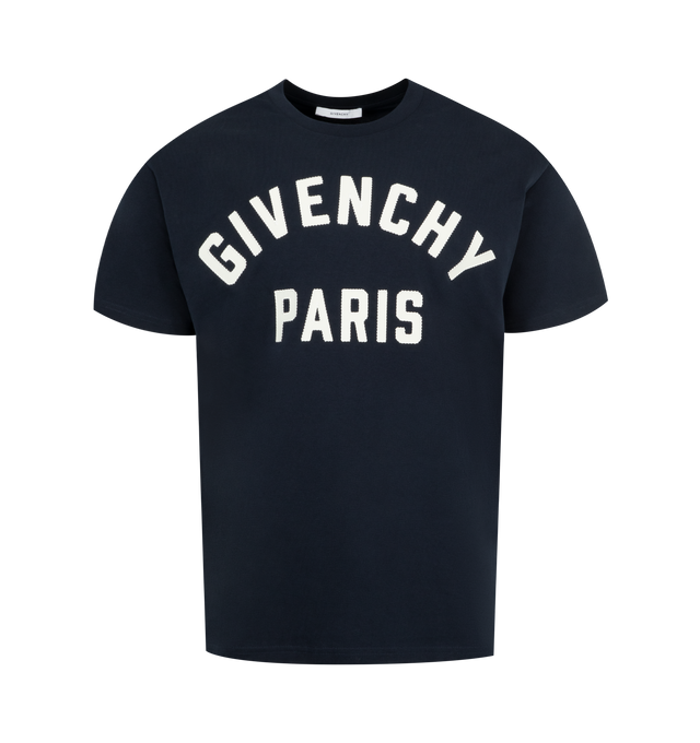 Image 1 of 2 - NAVY - GIVENCHY Logo Tee featuring short-sleeves, crew neck and GIVENCHY Paris logo on the front. 100% cotton.