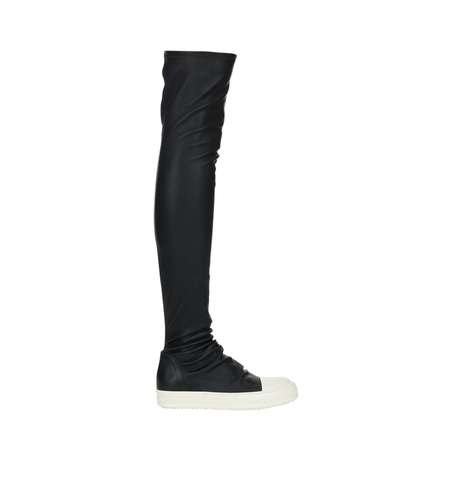 Image 1 of 3 - BLACK - RICK OWENS Knee High Stocking Sneaks featuring knee-high stretch grained lambskin-blend, gathering throughout, calfskin cap toe, bonded jersey and buffed calfskin lining and treaded rubber sole. Upper: lambskin, textile. Sole: rubber. Made in Italy.