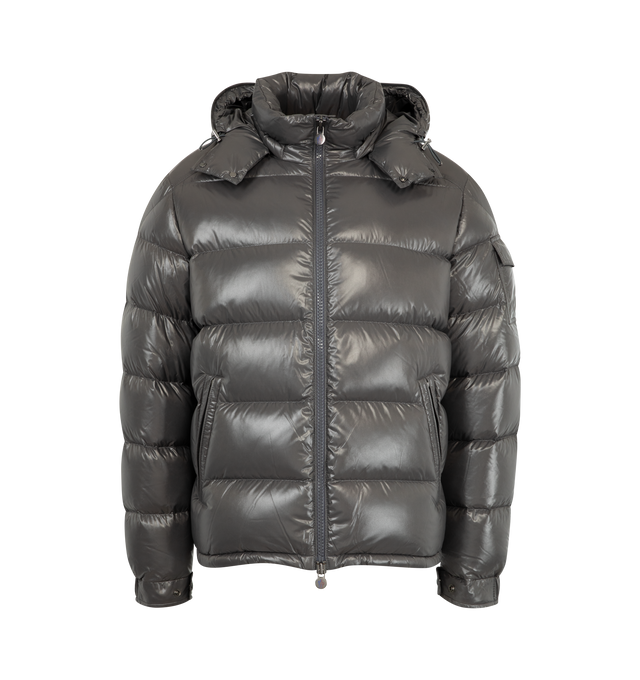 Image 1 of 4 - GREY - MONCLER Maya Jacket featuring nylon laqu lining, down-filled with boudin quilting, detachable hood with snap buttons, adjustable with drawstring fastening, two-way zipper closure, zipped pockets, adjustable, elasticized cuffs with snap buttons, hem with drawstring fastening, flap patch pocket on sleeve and felt Moncler logo on sleeve. 100% polyamide/nylon. Padding: 90% down, 10% feather.