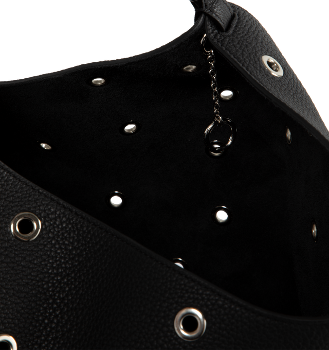 Image 3 of 3 - BLACK - Khaite small lotus tote bag. A scarf-inspired tote designed to be especially lightweight, with rounded base for stability. Studded with grommets. Chain toggle closure at interior. Grained calf leather (100% calfskin). Made in Italy. Measures 18 in length x 14 in width X 8.5 in height with 9 in handle drop.