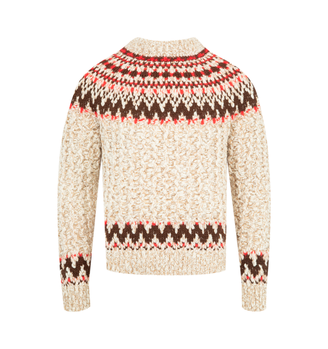 Image 1 of 3 - WHITE - MONCLER GRENOBLE Geometric Jacquard Wool Sweater featuring a wool blend, jacquard knit, 1.5 gauge and crew neck. 68% virgin wool, 25% polyamide/nylon, 6% silk, 1% elastane/spandex. Made in Italy.