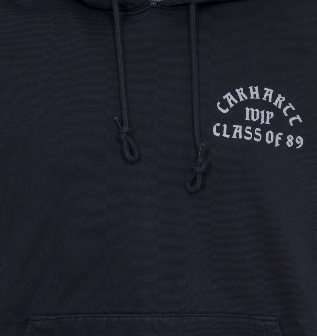 Image 3 of 4 - NAVY - CARHARTT WIP Hooded Class of 89 Sweatshirt featuring loose fit, pigment-dyed, adjustable hood, kangaroo pocket and ribbed cuffs and hem. 84% cotton, 16% polyester. 
