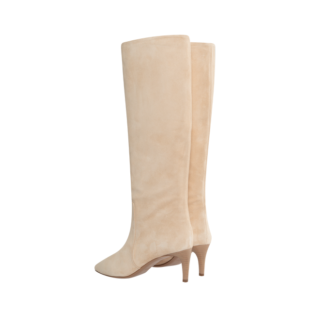 Image 3 of 4 - WHITE - PARIS TEXAS Knee-high Suede Boots featuring pointed toe, grained leather lining, stacked leather kitten heel with rubber injection and leather sole. H2.5". Upper: leather. Sole: leather, rubber. Made in Italy. 