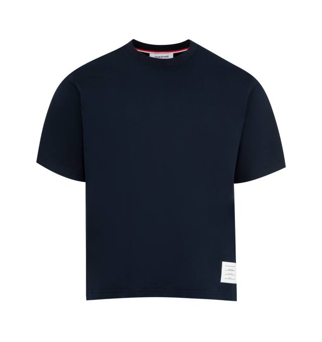 Image 1 of 3 - NAVY - THOM BROWNE RWB Trim Oversized Tee featuring short sleeves, crew neck, oversized fit, side slits and RWB stripe. Cotton.