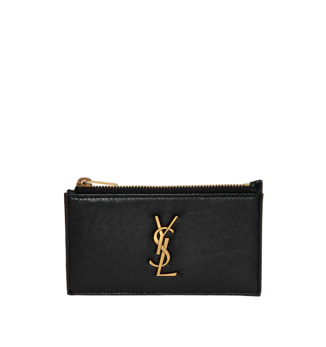 Image 1 of 3 - BLACK - SAINT LAURENT Zipped Fragments Credit Card Case featuring grained leather exterior with leather lining, top zipper closure, one main compartment, 5 card slots at back and aged gold-tone cassandre hardware at front. 5" W x 3" H x 0.25" D. 100% leather.  