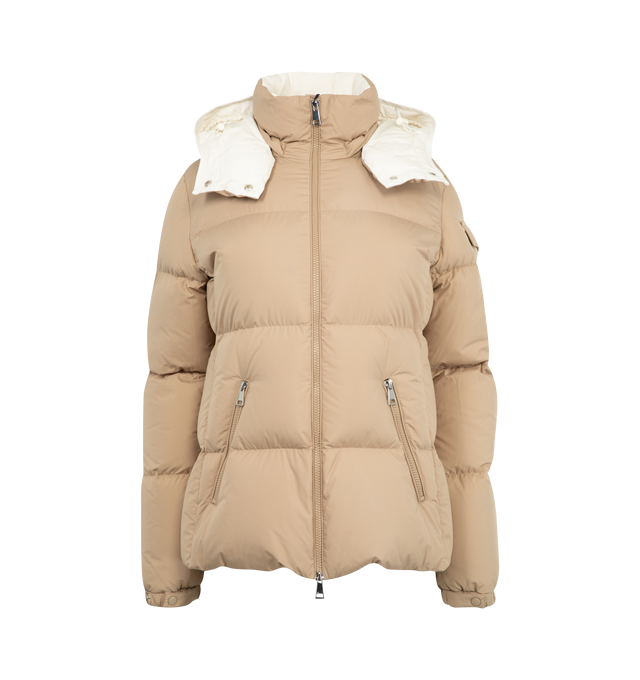 Image 1 of 4 - BROWN - MONCLER Fourmines Hooded Short Down Jacket featuring recycled polyester, down-filled, detachable and adjustable hood with recycled polyester lining, zipper closure, zipped pockets, sleeve pocket with snap button closure and adjustable cuffs. 100% polyester. Padding: 90% down, 10% feather.