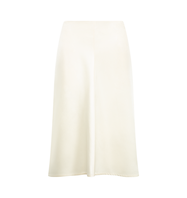 Image 1 of 3 - NEUTRAL - Bottega Veneta Women's Shiny Cupro Skirt is crafted from lustrous double-satin cupro and features an elegant midi-length silhouette. Designed with a clean, fluid drape and a concealed zipper closure, the skirt reflects the house's refined and minimalist approach to luxury dressing. Main Material: 100% Cupro. Made in Italy.