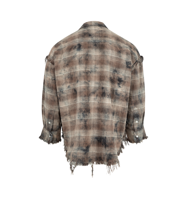 Image 2 of 2 - BROWN - R13 Shredded Seam Drop Neck Shirt featuring cotton gauze shirt, frayed edges, paint splatter, check pattern throughout, spread collar, button closure, patch pocket at chest, droptail hem, dropped shoulders and buttoned barrel cuffs. 100% cotton. Made in Italy.