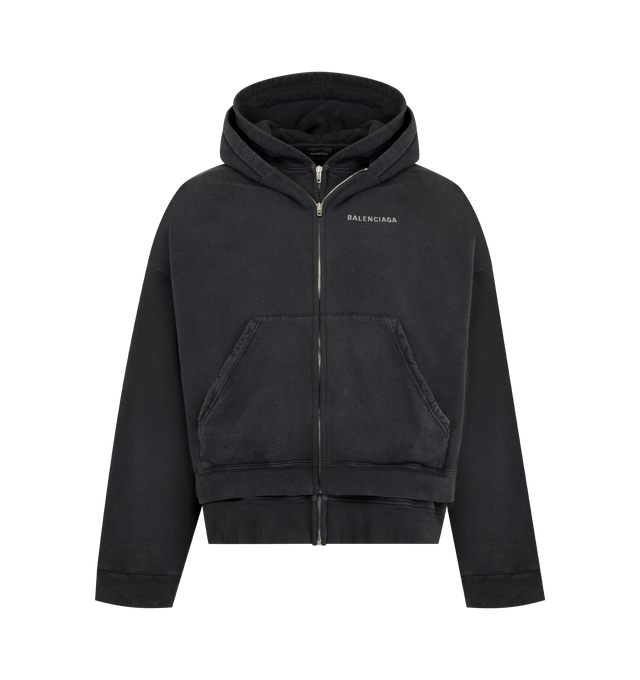 Image 1 of 3 - BLACK - BALENCIAGA Layered Zip-Up Hoodie featuring dry fleece, layered construction: 2 hoodies, hood without drawstring, dropped shoulders, zipped front, double-ended zip fastening, 2 pockets at front, gathered at cuffs and waistline, Balenciaga Back artwork embroidered at front and back on the first hoodie and Political Campaign artwork embroidered at chest on the second one. 100% cotton. Made in Portugal.