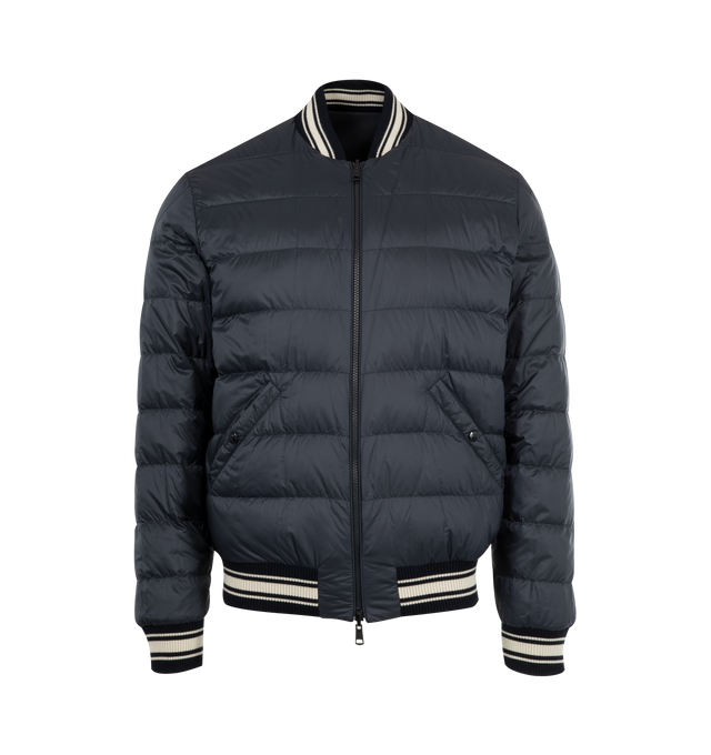 Image 2 of 4 - NAVY - MONCLER Vennes Reversible Down Bomber Jacket featuring cotton fleece, longue saison lining, reversible, micro soft back and arms, zipper closure, pockets with snap button closure, cuffs and hem with striped rib knit trim and terry cloth monogram patch.