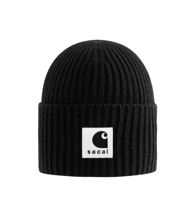 Image 1 of 2 - BLACK - SACAI X CARHARTT WIP Logo-Patch Wool-Blend Beanie featuring folded brim, brand appliqu at front and ribbed knit. 80% wool, 20% nylon.