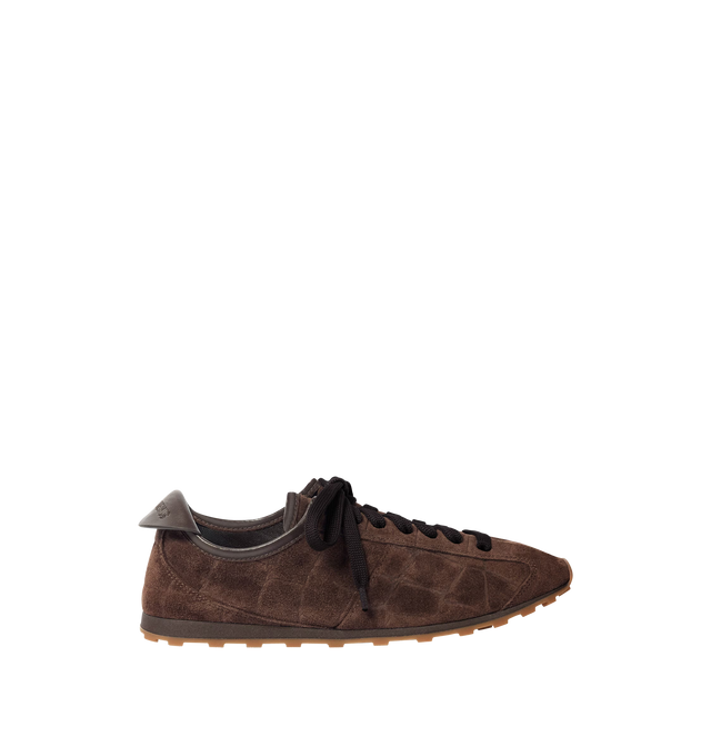 Image 1 of 4 - BROWN - JACQUEMUS Tennis Sneaker featuring soft crocodile-embossed suede, almond-shaped toe, flat laces, embossed logo on the tongue, embossed logo on the heel tab, removable leather-covered insole and rubber outsole in a round and square shape. 100% calf leather. Outsole: 100% thermoplastic polyurethane. Made in Portugal.