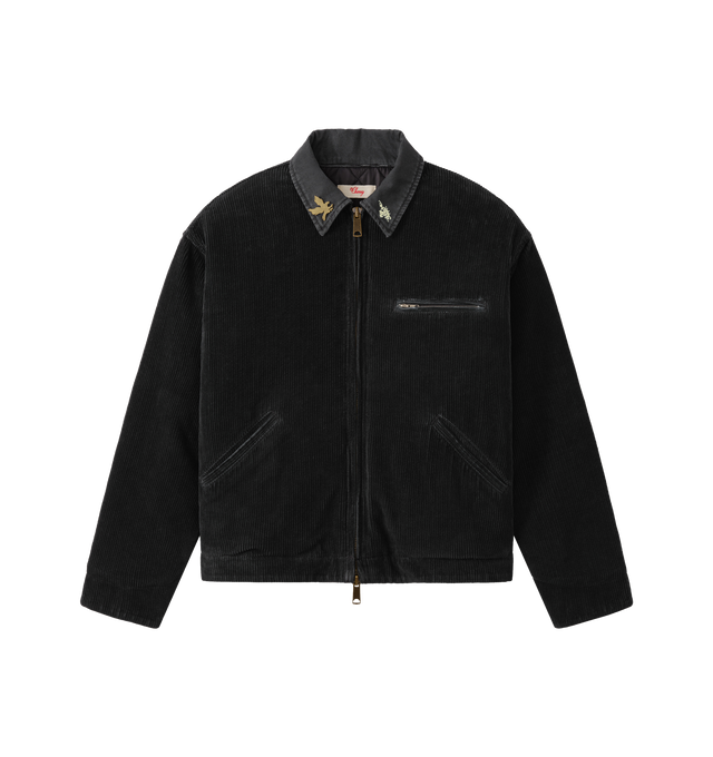 Image 1 of 7 - BLACK - Cherry LA Men's Corduroy Work Jacket is crafted from cotton corduroy and features a vintage-washed finish, a canvas collar, and a nickel zip closure at the front. Designed with double welt chest pockets with zip closures, side welt pockets, distressed detailing, and a screen-printed graphic at the back, this workwear-inspired style is finished with custom branded hardware and a removable eagle pin at the collar. Main Material: Cotton. Made in Los Angeles, USA.