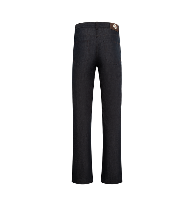 Image 2 of 3 - NAVY - MONCLER Straight Leg Denim Jeans featuring comfort denim, zipper and snap button closure and logo patch. 75% cotton, 24% polyester, 1% elastane/spandex.