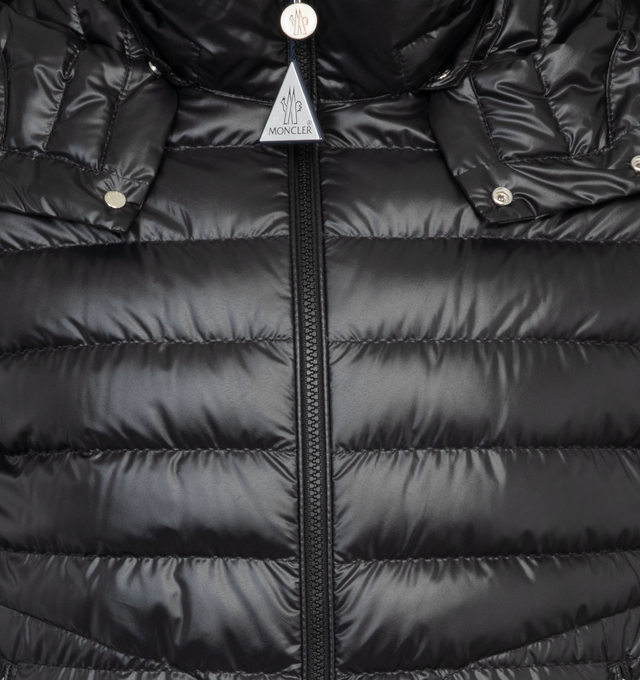Image 3 of 5 - BLACK - MONCLER Lauros Short Down Jacket featuring polyester lining, down-filled, detachable hood, collar with snap button closure, zipper closure, zipped pockets and adjustable cuffs and hem. 100% polyester. Padding: 90% down, 10% feather. 