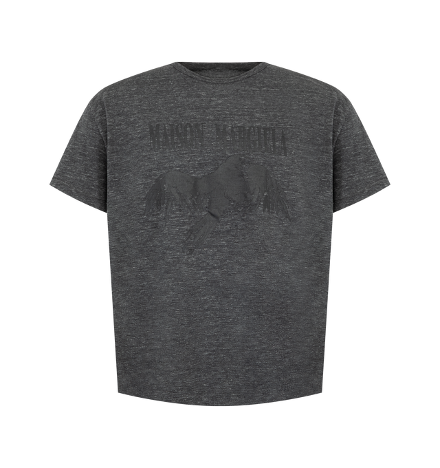 Image 1 of 2 - GREY - Maison Margiela Men's Graphic Cotton T-Shirt is crafted from cotton and features a classic crew neckline, drop shoulders, short sleeves, a tonal bird motif screen print inspired by the Artisanal 2025 collection, and the signature four white stitches at the back. This designer graphic T-shirt combines contemporary artistry with Maison Margiela's signature detailing for elevated everyday wear. Main Material: 100% Cotton. Made in Italy.