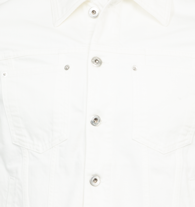 Image 3 of 3 - WHITE - LANVIN Denim Jacket featuring regular fit, fringing and raw-hem finishes, tone-on-tone topstitching and button front closure. 98% cotton, 2% elastane. Made in Italy. 