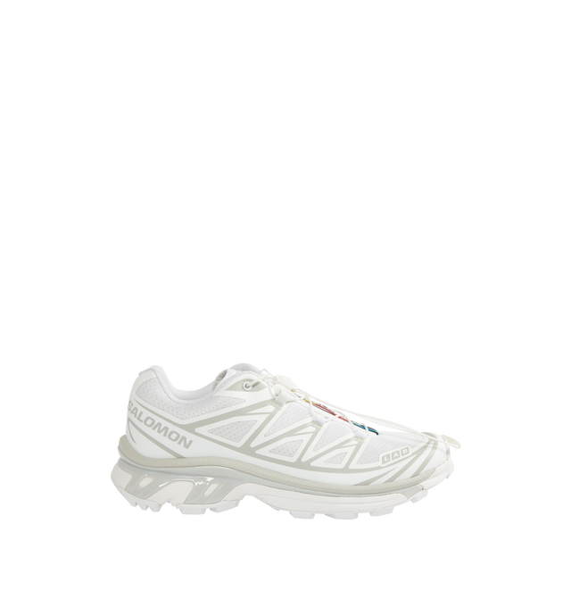 Image 1 of 5 - WHITE - Salomon XT-6 Sportstyle Sneakers are a lace-up style with an Agile Chassis System, abrasion-resistant TPU materials, single-layer mesh, SensiFit systems, protective toecaps, lace pockets for the Quicklace lacing system, molded OrthoLite sock liners, and rubber outsoles.