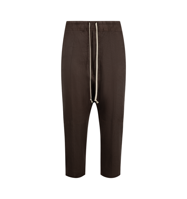 Image 1 of 3 - BROWN - RICK OWENS Drawstring Cropped Trousers featuring lightweight, drawstring at elasticized waistband, four-pocket styling, dropped inseam and cropped leg. Made in Italy.