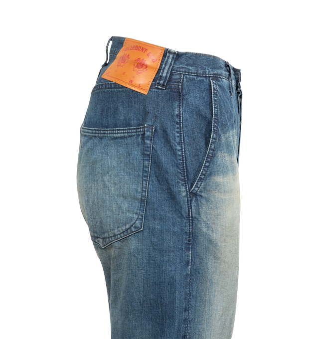 Image 3 of 3 - BLUE - FULLCOUNT Duke Denim 2 H.W featuring 11oz 19th A.M.Co. blue selvedge denim, 4 pockets, button closure and distressed throughout. 100% cotton.