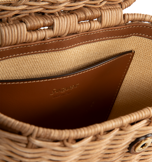 Image 3 of 3 - BROWN - SAINT LAURENT Vanity Crossbody Bag in bamboo wicker with leather details, adjustable leather crossbody bag, flap top with snap closure and interior slip pocket. 4.7"H x 7.2"W x 3.1"D. Made in France.