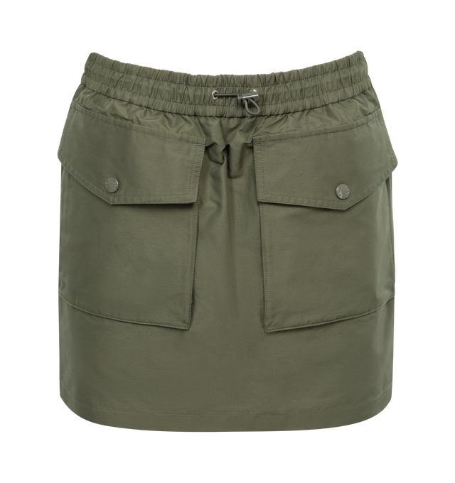 Image 1 of 2 - GREEN - MONCLER Taffeta Mini Skirt featuring twill taffeta, elastic waistband with drawstring fastening and patch pockets with snap button closure. 70% polyester, 30% cotton. Made in Romania. 