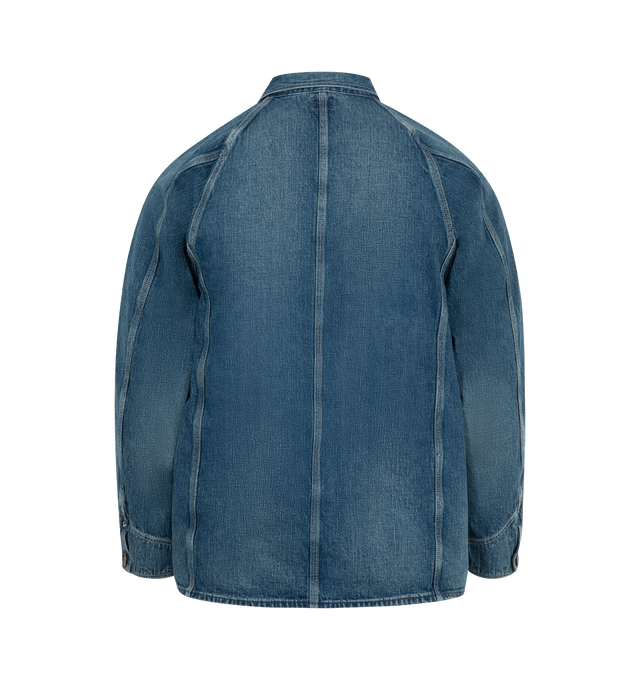 Image 2 of 2 - BLUE - ORSLOW 1950s Coverall Jacket featuring heavily laundered Japanese Denim fabric, regular collar, full button front, raglan sleeves, and multiple pockets. Japanese Denim.