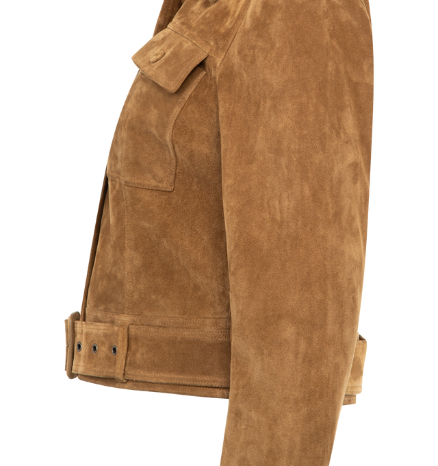 Image 3 of 3 - BROWN - SAINT LAURENT Jacket in vintage split leather featuring short jacket with a pointed collar, straight shoulders, adjustable belt at the hem, silk lining, front button closure, two patch pockets with buttoned flap at the chest, one inner welt pocket and one-button cuffs. 100% calfskin. Made in Italy. This item may be restricted for online purchase to international clients. For assistance purchasing this item please contact our dedicated stylist team at personalshopping@hirshleifers.com