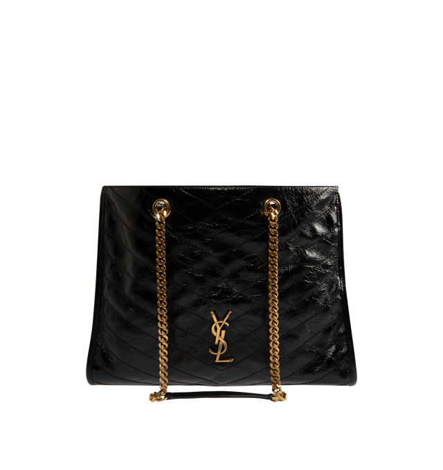 Image 1 of 3 - BLACK - SAINT LAURENT Niki Shopping Bag in vintage leather featuring vintage calfskin, chevron topstitching, cotton lining, bronze-tone hardware, magnetic snap-button closure and one zip pocket. 13" x 10.6" x 5.5". Strap drop: 10.6". Calfskin. Made in Italy.