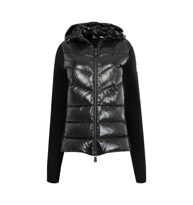 Image 1 of 3 - BLACK - MONCLER GRENOBLE Padded Zip-Up Hoodie featuring stretch fleece, down-filled nylon laqu front and hood, nylon lining, adjustable hood and YKK AquaGuard Highly Water Resistant zipper closure. 93% polyester, 7% elastane/spandex. 100% polyamide/nylon. Padding: 90% down, 10% feather.