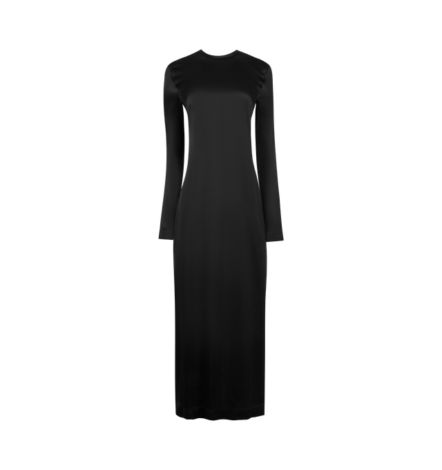 Image 1 of 2 - BLACK - TOTEME Long Satin Dress featuring slim fit, long-sleeve, floor-length occasion dress in lustrous and fluid satin, with a minimalist crew neck, concealed back zipper and back slit. 100% FSC viscose.