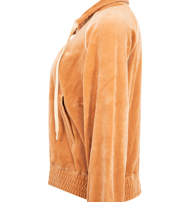 Image 3 of 3 - ORANGE - Chlo Womens Tracksuit Jacket is crafted from velvet jersey. Features a casual fit, high neckline with adjustable drawstring, front zip closure, long sleeves, elasticized cuffs and hem, side pockets, contrast piping, and embroidered logo at the chest. Main Material: 80% Cotton, 20% Polyamide. Made in Portugal.