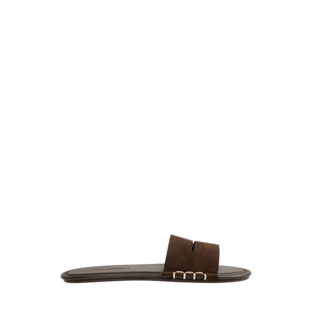Image 1 of 4 - BROWN - JW ANDERSON Loafer Slide Sandal featuring a whipstitched keeper strap, Italian-crafted suede slide sandal, leather upper, lining and sole. Made in Italy.