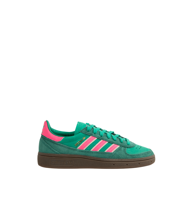 Image 1 of 5 - GREEN - Adidas Handball Spezial leather sneakers inspired by archive handball shoes. Made from premium nubuck with durable suede overlays along the toe and mudguard, leather 3-Stripes and gold-letter Spezial branding. Features a rubber cupsole with rugged traction, leather lining and lace closure. Unisex style in men's sizes.