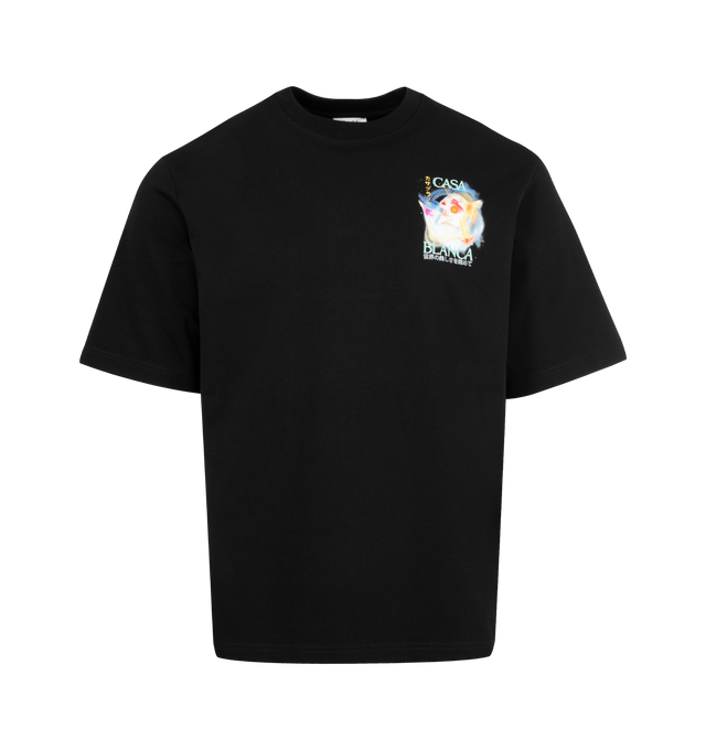 Image 1 of 2 - BLACK - CASABLANCA Galactic Connection T-shirt featuring organic cotton jersey, rib-knit crewneck and logo graphic printed at chest and back. 100% organic cotton. Made in Portugal.