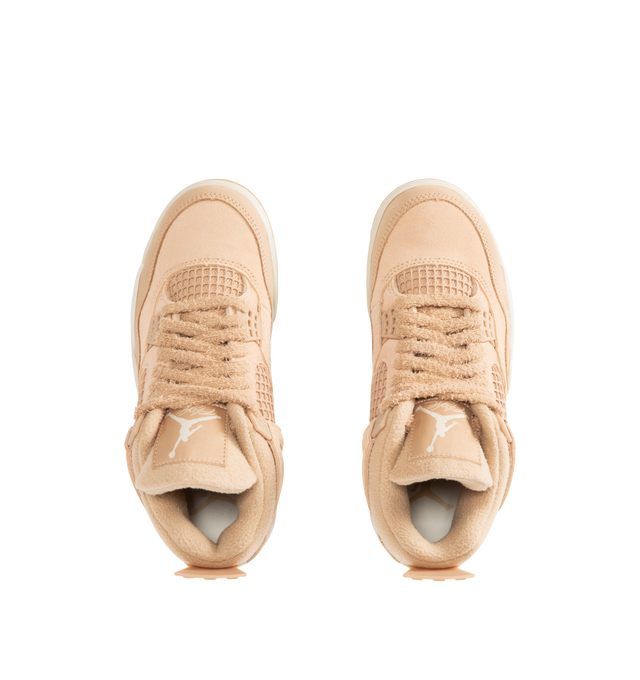 Image 5 of 5 - BROWN - NIKE Air Jordan 4 Retro Sneaker featuring velvety nubuck and smooth leather, metallic silver accents, real and synthetic leather combines with grid mesh underlays, Max Air cushioning, free-floating eyestays near the ankle and rubber outsole with herringbone tread pattern.