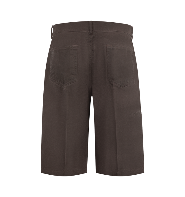 Image 2 of 3 - BROWN - Rick Owens Men's DRKSHDW Wool Work Shorts. These distinctive shorts feature a wide-leg, relaxed silhouette that falls around or below the knee, designed with a clean front button closure, integrated belt loops, and structured front creases. Materials: Inner Layer: 100% Cupro. Outer Layer: 100% Wool.