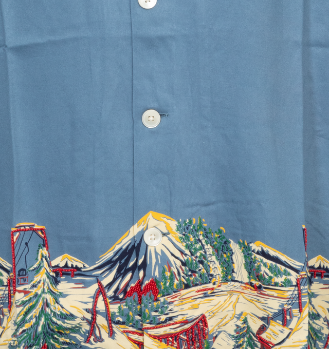 Image 3 of 4 - BLUE - BODE Ski Lift Shirt featuring open spread collar, button closure, printed graphics and beaded detailing at hem, single-button barrel cuffs and beaded logo at back hem. 100% rayon. Made in India. 